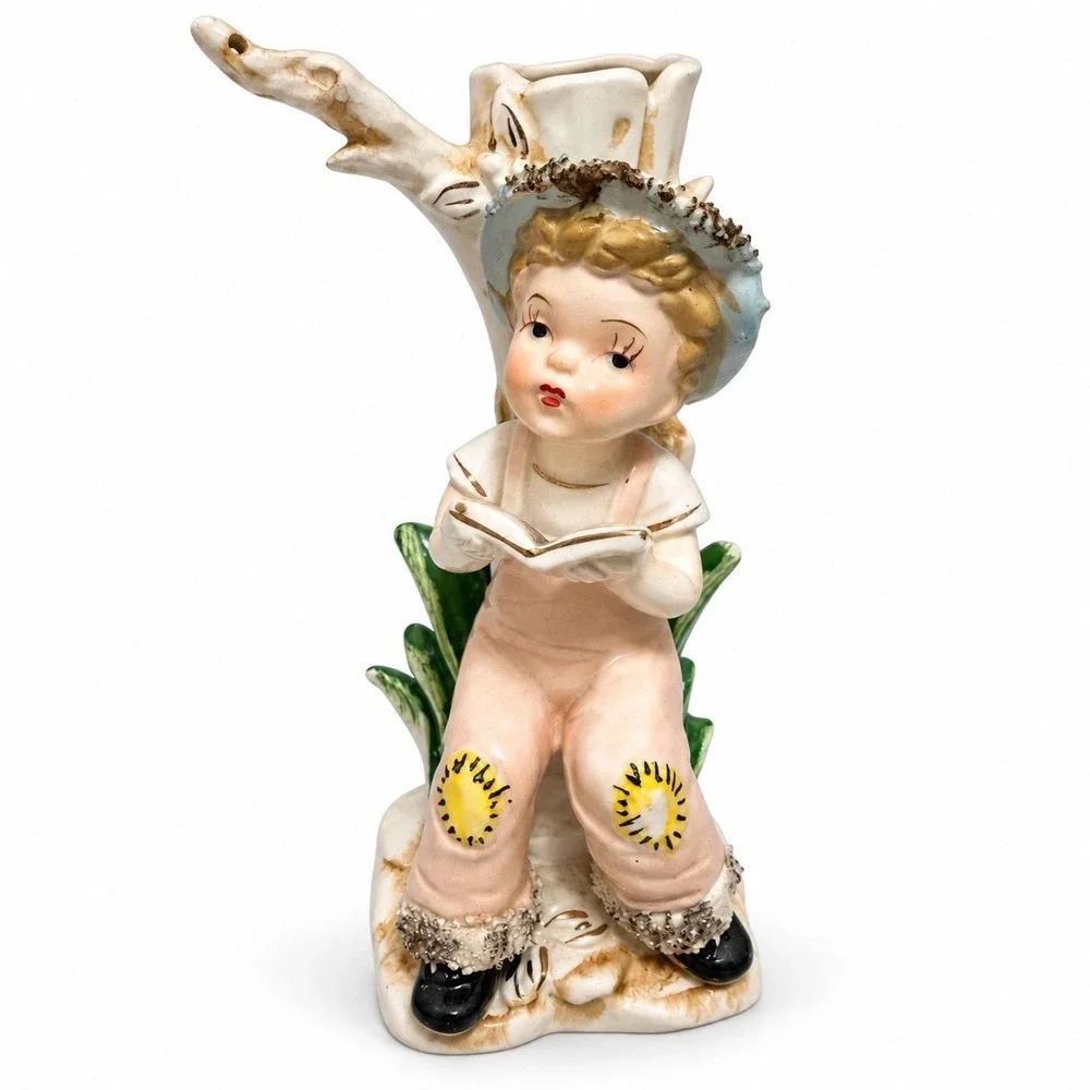 Vintage Japan Girl Reading Spill Vase Tree Stump Figurine Missing Flower Bell 8